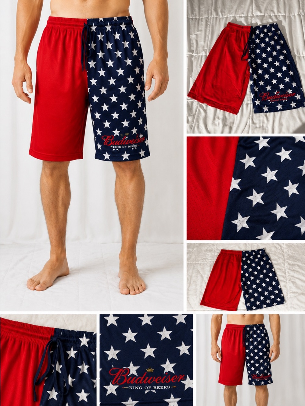 Budweiser Men’s Red Navy American Flag Star patriotic Lounge Shorts Size Large